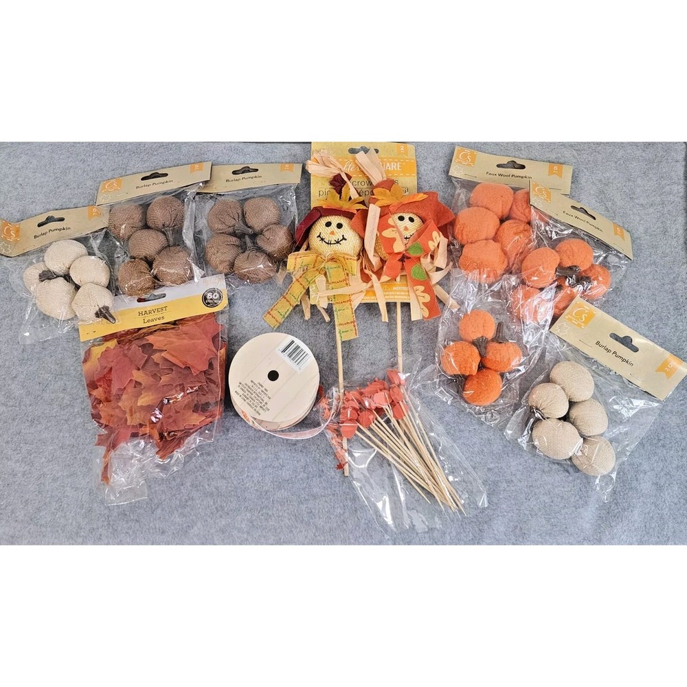 Fall Craft‎ Lot Leaves Fabric Pumpkins Ribbon Scarecrow Picks Cupcake Picks